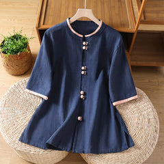 Buddha Stones Summer Tang Style Vintage Frog Button Crew Neck Contrast Women's Short Sleeve Shirts - Navy - US8-10, UK/AU12-14, EU40-42 (2XL) - image 0