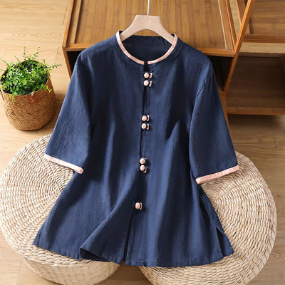 Buddha Stones Summer Tang Style Vintage Frog Button Crew Neck Contrast Women's Short Sleeve Shirts - Navy - US8-10, UK/AU12-14, EU40-42 (2XL) - image 0