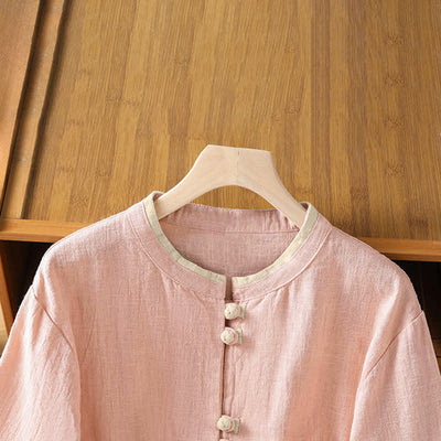 Buddha Stones Summer Tang Style Vintage Frog Button Crew Neck Contrast Women's Short Sleeve Shirts - image 9