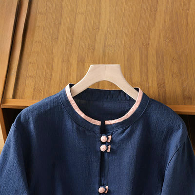 Buddha Stones Summer Tang Style Vintage Frog Button Crew Neck Contrast Women's Short Sleeve Shirts - image 2