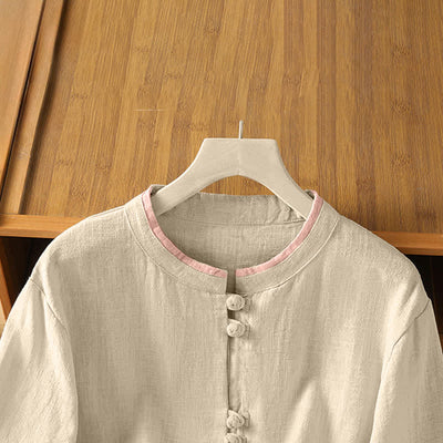Buddha Stones Summer Tang Style Vintage Frog Button Crew Neck Contrast Women's Short Sleeve Shirts - image 16