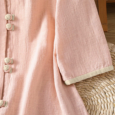 Buddha Stones Summer Tang Style Vintage Frog Button Crew Neck Contrast Women's Short Sleeve Shirts - image 12