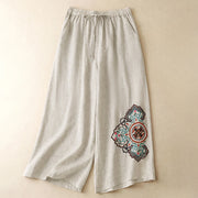 Foviel Sommer Casual Stickerei Floral Capri Hosen Damen weites Bein Hose mit Tasche