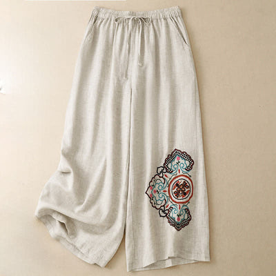Buddha Stones Summer Casual Embroidery Floral Capri Pants Women's Wide Leg Pants With Pocket - image 2