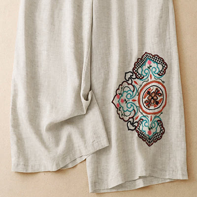 Buddha Stones Summer Casual Embroidery Floral Capri Pants Women's Wide Leg Pants With Pocket - image 6