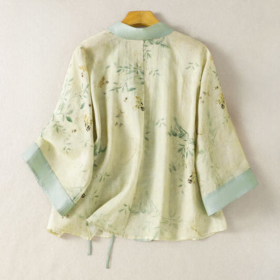 Buddha Stones Summer Casual Vintage Drawstring V-Neck Floral Contrast Trim Three-Quarter Sleeve Women's Kimono - image 1