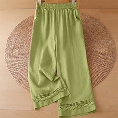 Buddha Stones Summer Casual Minimalist Geometric Hollow Hem Ankle Pants Women's Wide Leg Pants With Pockets - YellowGreen Pants - US8-10, UK/AU12-14, EU40-42 (2XL) - image 0