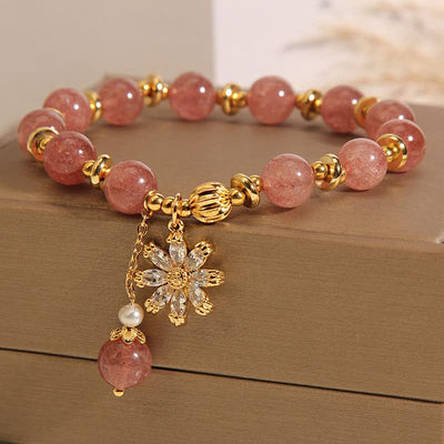 Buddha Stones Strawberry Quartz Pearl Daisy Love Bracelet - image 1