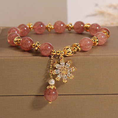 Buddha Stones Strawberry Quartz Pearl Daisy Love Bracelet - Daisy Flower(Wrist Circumference: 5.91-6.29  in / 15-16cm) - image 0