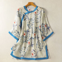 Buddha Stones Summer Tang Style Vintage Frog Button Abstract Women's Long Sleeve Shirts - FloralWhite - US12, UK/AU16, EU44 (2XL) - image 0