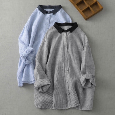 Buddha Stones Summer Casual Tang Style Button-Up Striped Women's Long Sleeve Shirts With Pocket - image 12