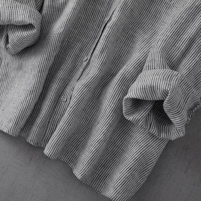 Buddha Stones Summer Casual Tang Style Button-Up Striped Women's Long Sleeve Shirts With Pocket - image 6