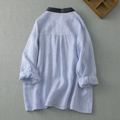 Buddha Stones Summer Casual Tang Style Button-Up Striped Women's Long Sleeve Shirts With Pocket - image 1