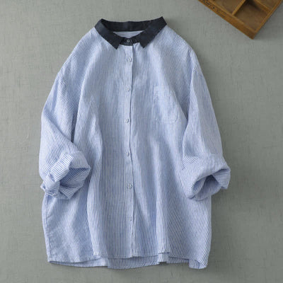Buddha Stones Summer Casual Tang Style Button-Up Striped Women's Long Sleeve Shirts With Pocket - LightBlue - US8-10, UK/AU12-14, EU40-42 (2XL) - image 0