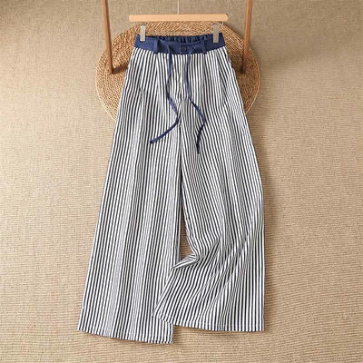 Buddha Stones Summer Casual Drawstring Striped Long Pants Women's Wide Leg Pants With Pocket - DarkBlue - US8-10, UK/AU12-14, EU40-42 (2XL) - image 0