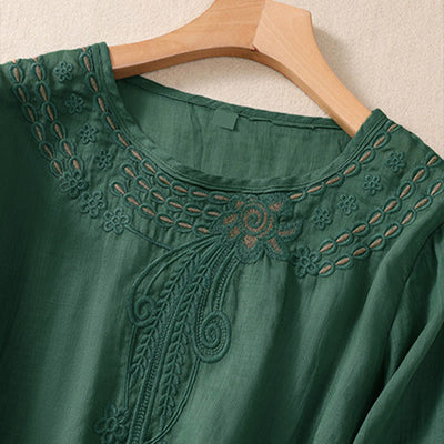 Buddha Stones Artistic Plain Floral Embroidered Design Crew Neck Puff Half Sleeve Women's T-Shirt - image 20