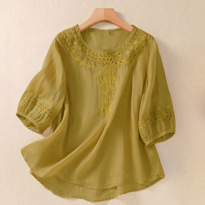 Buddha Stones Artistic Plain Floral Embroidered Design Crew Neck Puff Half Sleeve Women's T-Shirt - DarkGoldenrod - US8-10，UK/AU12-14，EU40-42 (2XL) - image 12
