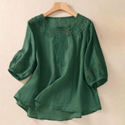 Foviel Artistic Plain Floral Embroidered Design Crew Neck Puff Half Sleeve Women's T-Shirt
