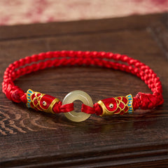 Buddha Stones Hetian Jade Peace Buckle Double Koi Fish Red String Prosperity Bracelet - Natural Jade(Color May Vary) - image 0