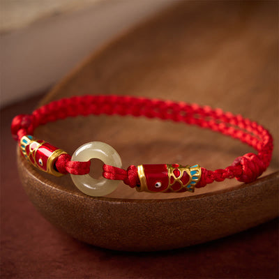 Buddha Stones Hetian Jade Peace Buckle Double Koi Fish Red String Prosperity Bracelet - image 2