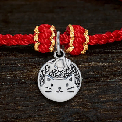 Buddha Stones 925 Sterling Silver Kitten Eating Fish Round Pendant Prosperity Red Black String Braided Bracelet - image 9