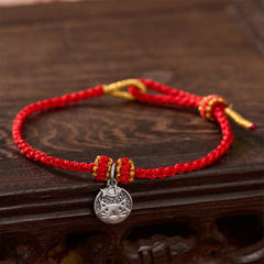 Buddha Stones 925 Sterling Silver Kitten Eating Fish Round Pendant Prosperity Red Black String Braided Bracelet - Red(Wrist Circumference 14–18cm) - image 0