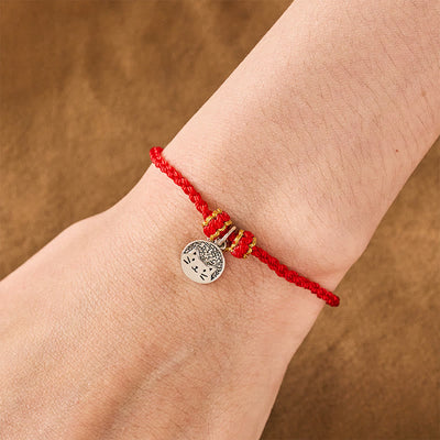 Buddha Stones 925 Sterling Silver Kitten Eating Fish Round Pendant Prosperity Red Black String Braided Bracelet - image 8