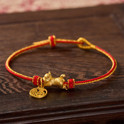 Buddha Stones Lying-Down Cat Fu Character Copper Red String Hand-Woven Prosperity Bracelet - image 2