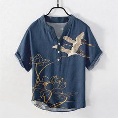 Buddha Stones Cotton Crane Golden Lotus Pattern Men's Short Sleeve Half Button Shirt - SteelBlue - US/UK/AU50，EU60 (5XL) - image 0