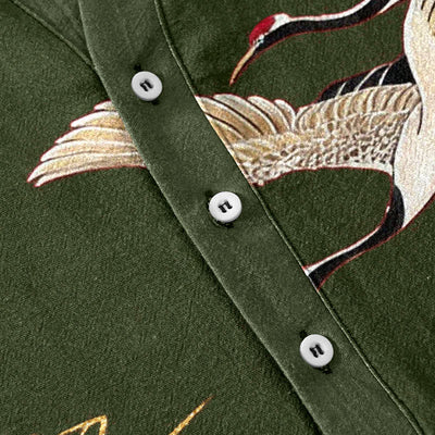 Buddha Stones Cotton Crane Golden Lotus Pattern Men's Short Sleeve Half Button Shirt - image 8