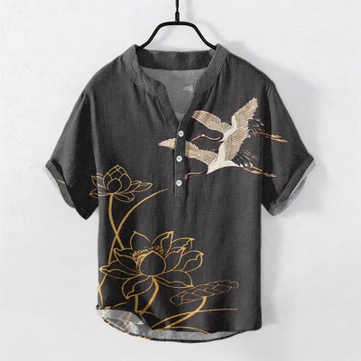 Buddha Stones Cotton Crane Golden Lotus Pattern Men's Short Sleeve Half Button Shirt - Black - US/UK/AU50，EU60 (5XL) - image 10