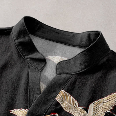 Buddha Stones Cotton Crane Golden Lotus Pattern Men's Short Sleeve Half Button Shirt - image 12