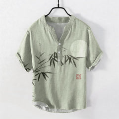 Buddha Stones Cotton Ink Bamboo Moon Pattern Men's Short Sleeve Half Button Shirt - LightGreen - US/UK/AU50，EU60 (5XL) - image 0