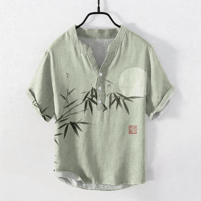 Buddha Stones Cotton Ink Bamboo Moon Pattern Men's Short Sleeve Half Button Shirt - LightGreen - US/UK/AU50，EU60 (5XL) - image 0