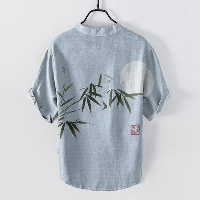 Buddha Stones Cotton Ink Bamboo Moon Pattern Men's Short Sleeve Half Button Shirt - image 4