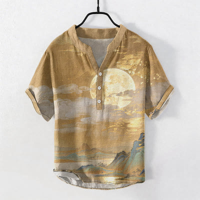 Buddha Stones Cotton Moon Cloud Mountain Pattern Men's Short Sleeve Half Button Shirt - Goldenrod - US/UK/AU50，EU60 (5XL) - image 0