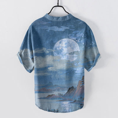 Buddha Stones Cotton Moon Cloud Mountain Pattern Men's Short Sleeve Half Button Shirt - image 6
