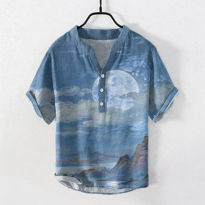 Buddha Stones Cotton Moon Cloud Mountain Pattern Men's Short Sleeve Half Button Shirt - SteelBlue - US/UK/AU50，EU60 (5XL) - image 5