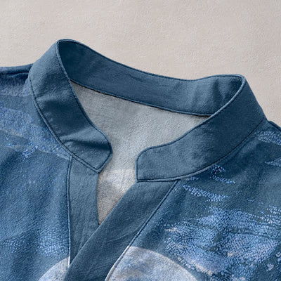 Buddha Stones Cotton Moon Cloud Mountain Pattern Men's Short Sleeve Half Button Shirt - image 7