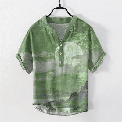 Buddha Stones Cotton Moon Cloud Mountain Pattern Men's Short Sleeve Half Button Shirt - SeaGreen - US/UK/AU50，EU60 (5XL) - image 10