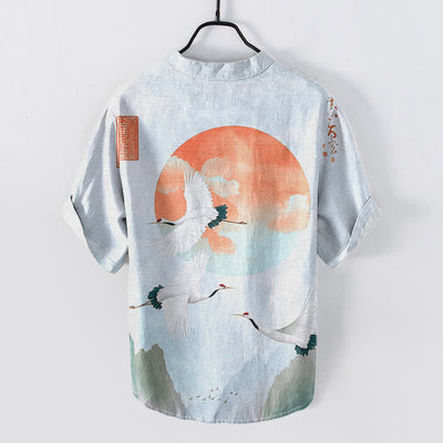 Buddha Stones Cotton Red Sun Flying Crane Pattern Men's Short Sleeve Half Button Shirt - image 4