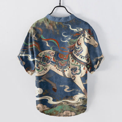 Buddha Stones Cotton Ornamental Running Horse Pattern Men's Short Sleeve Half Button Shirt - image 1
