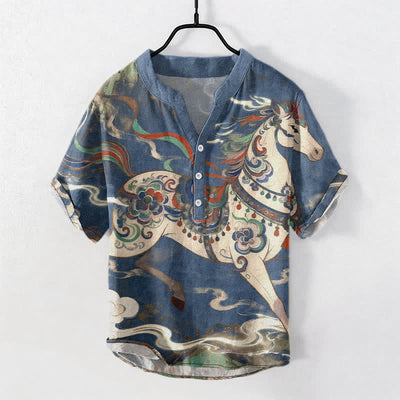 Buddha Stones Cotton Ornamental Running Horse Pattern Men's Short Sleeve Half Button Shirt - SteelBlue - US/UK/AU50，EU60 (5XL) - image 0