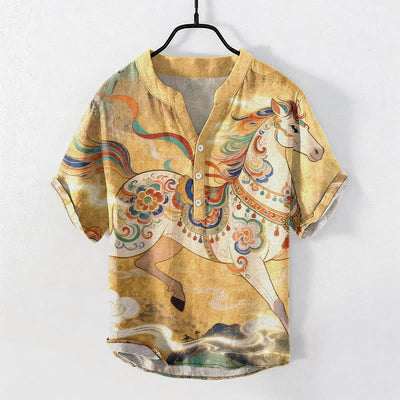 Buddha Stones Cotton Ornamental Running Horse Pattern Men's Short Sleeve Half Button Shirt - Gold - US/UK/AU50，EU60 (5XL) - image 5