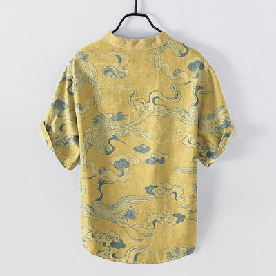 Buddha Stones Cotton Crane Clouds Pattern Men's Short Sleeve Half Button Shirt - image 4