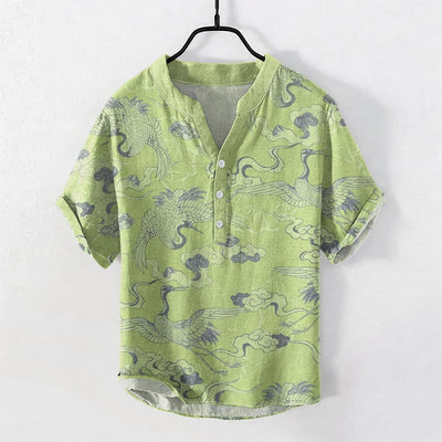 Buddha Stones Cotton Crane Clouds Pattern Men's Short Sleeve Half Button Shirt - LightGreen - US/UK/AU50，EU60 (5XL) - image 6