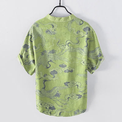 Buddha Stones Cotton Crane Clouds Pattern Men's Short Sleeve Half Button Shirt - image 7