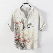 Foviel Cotton Crane Plum Blossom Pattern Men's Short Sleeve Half Button Shirt