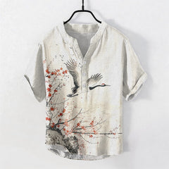 Buddha Stones Cotton Crane Plum Blossom Pattern Men's Short Sleeve Half Button Shirt - Linen - US/UK/AU50，EU60 (5XL) - image 0