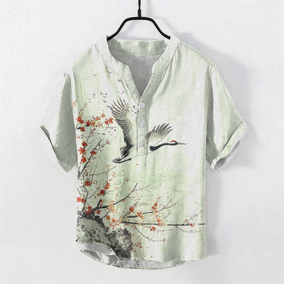 Buddha Stones Cotton Crane Plum Blossom Pattern Men's Short Sleeve Half Button Shirt - MintCream - US/UK/AU50，EU60 (5XL) - image 3